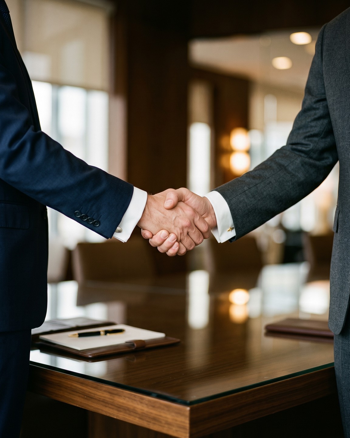 Two people shaking hands over a meeting table