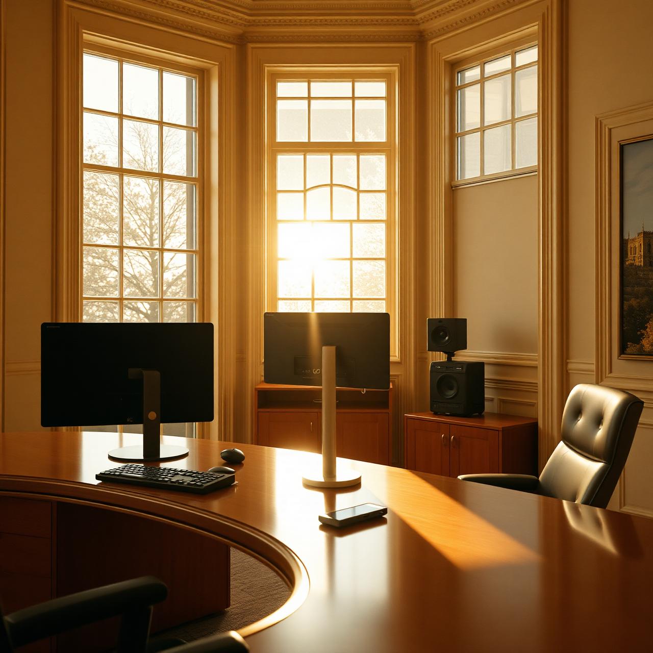 A sunlit office with morning light through the windows