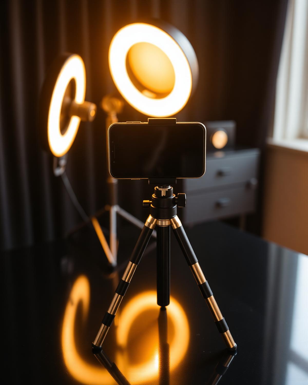 Smartphone on a tripod with ring light for content